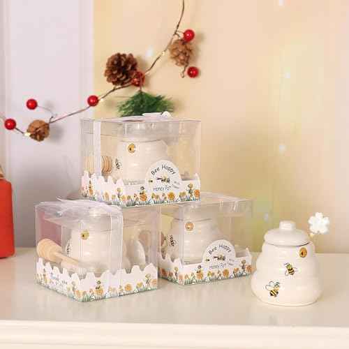Ceramic Bee Happy Honey Pot with Dipper (12 Count)