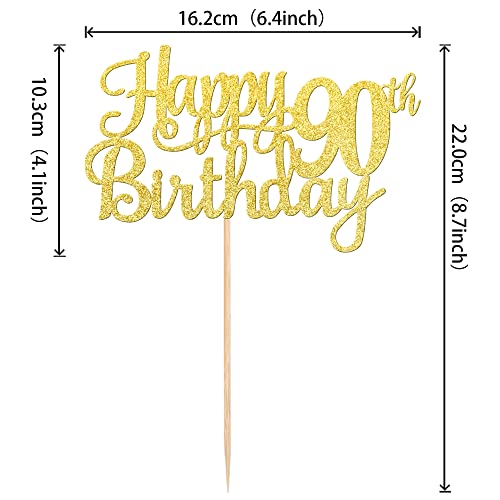 1 PCS Happy 90th Birthday Cake Topper Gold Glitter Cheers to 90 Years Birthday Cake Pick 90 Fabulous Cake Decoration for Happy 90th Birthday Theme Party Decorations Supplies