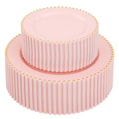 100pcs Pink Plastic Plates with Gold Beads Plastic Wedding Plates (100 Count)