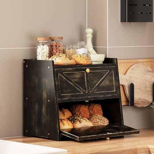 Vintage Double Layer Bread Box for Kitchen Counter Bamboo Bread Storage Container Large Capacity Bread Storage Bin