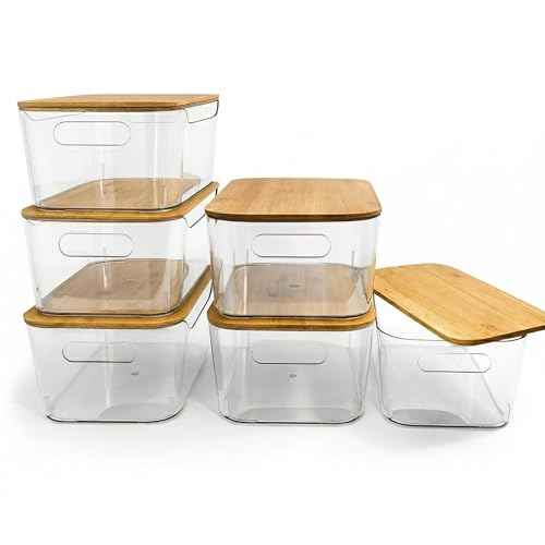 6 Pack Clear Stackable Storage Bins with Bamboo Lids (6 Count)