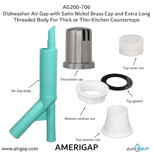 Dishwasher Air Gap with Skirted Satin Nickel Brass Cap and Extra Long Threaded Body for Thick or Thin Kitchen Countertops
