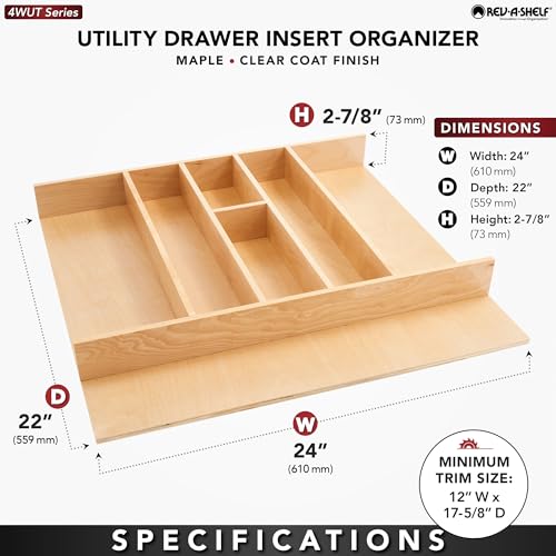 Trim-to-Custom-Fit Silverware Drawer Organizer For Kitchen Utensils, Cutlery Cabinet Storage Divider Insert, 23.98 x 21.97 In, Maple Wood, 4WUT-3