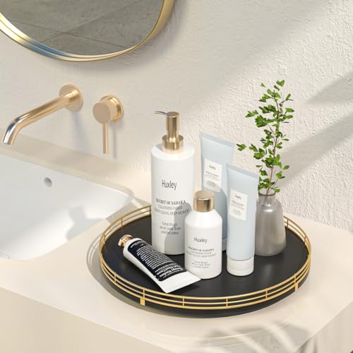 13 Inch Oak Lazy Susan Vanity Tray with Gold Metal Rail