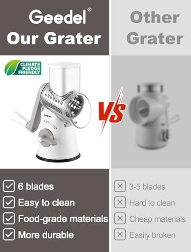 Rotary Cheese Grater Vegetable Shredder With 6 Interchangeable Blades No Slip Suction Base