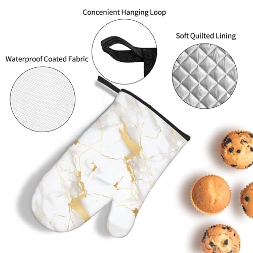 White Gold Marble Oven Mitts and Pot Holders Sets of 3 Heat Resistant Oven Gloves Hot Pads Non (4.33 Count)