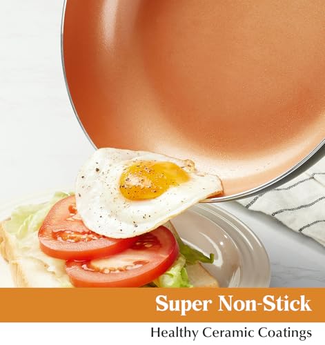 10in Copper Nonstick Frying Pans with Lids and Titanium Ceramic Interior