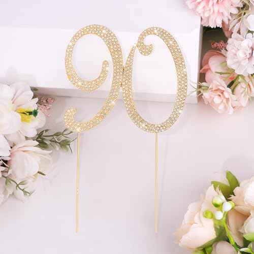Gold 90th Birthday Cake Topper Rhinestones Cake Decorations for 90th Birthday Party