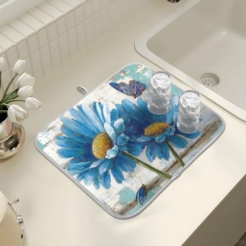 Rustic Daisy Blue on Vintage Wooden Dish Drying Mat for Kitchen Counter Absorbent Microfiber Small Drying Pad Dish Mats for Kitchen Countertops 16 x 18 Inch