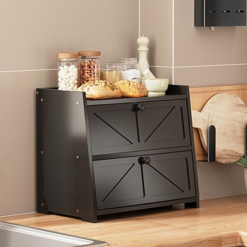 Vintage Double Layer Bread Box for Kitchen Counter Bamboo Bread Storage Container Large Capacity Bread Storage Bin
