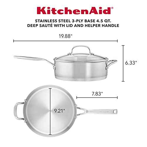 71027 3 Ply Base Brushed Stainless Steel Deep Saute Pan with Helper Handle and Lid