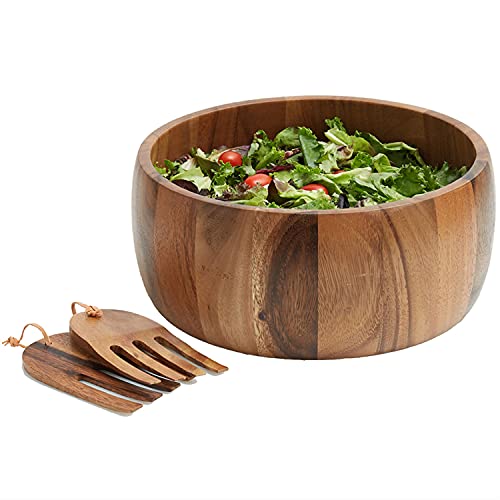 Woodard & Charles Acacia Wood 12" Salad Bowl with Salad Hands