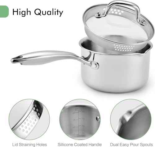 Tri Ply Stainless Steel Sauce Pan with Steamer Basket & Strainer Glass Lid
