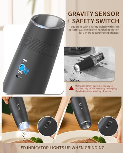 Gravity Electric Salt and Pepper Grinder Set Rechargeable Automatic Pepper and Salt Shakers with LED Light (2 Count)