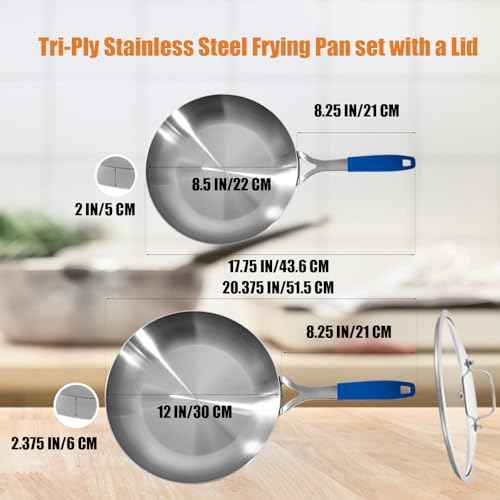 8.5 12 Inch Stainless Steel Pans Set with Lid (2 Count)