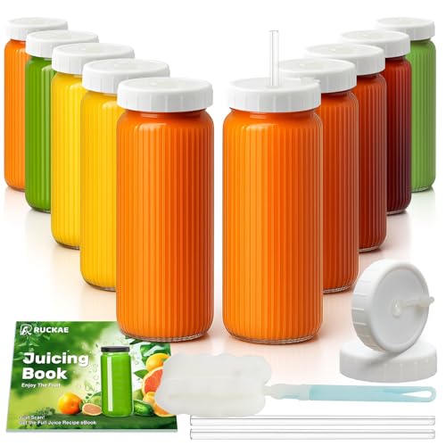 10pack Stripe 16oz Glass Juice Bottles with Lids & Straws & Juicing Recipe (10 Count)