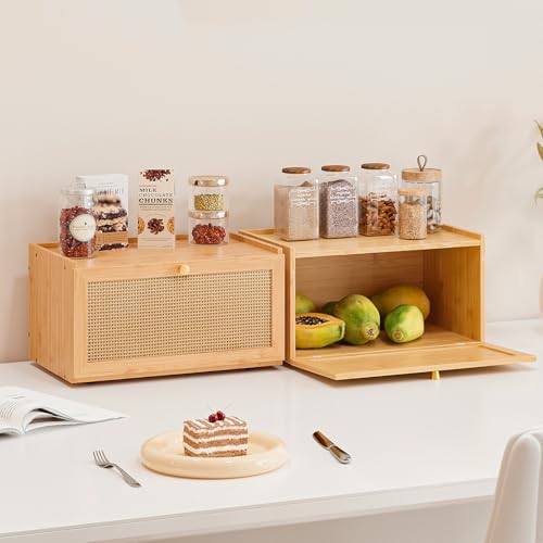 Rattan Bamboo Bread Box for Kitchen Counter Large Capacity Bread Storage Bin Farmhouse Bread Storage Container Rustic Bread Holder