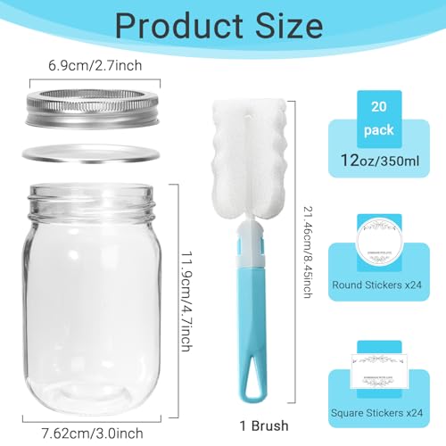 20 Pack 12 oz Clear Glass Mason Jars with Silver Metal Split Lids (20 Count)