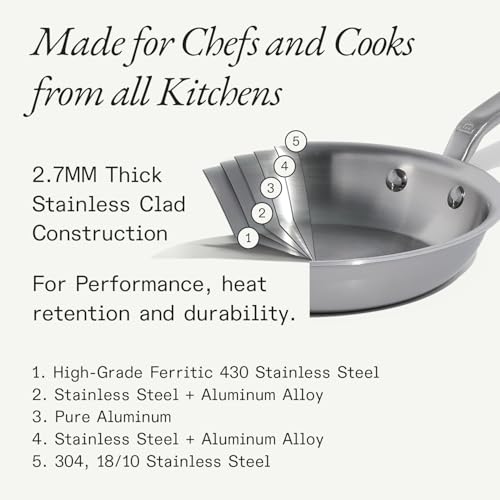 Cookware - 12-Inch Stainless Steel Frying Pan With Lid - 5 Ply Stainless Clad - Professional Cookware - Crafted in Italy - Induction Compatible