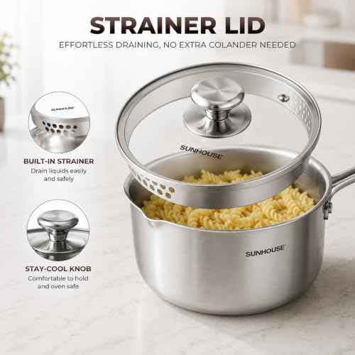 3QT Stainless Steel Saucepan with Pour Spout & Strainer Glass Lid