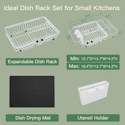 White Expandable Dish Drying Rack Over Sink with Extra Drying Mat