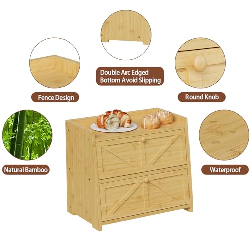 Vintage Double Layer Bread Box for Kitchen Counter Bamboo Bread Storage Container Large Capacity Bread Storage Bin