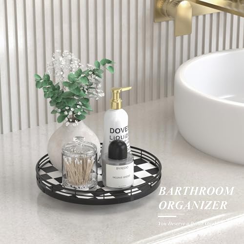 10 Inch Black and White Checkerboard Lazy Susan with Oak Base