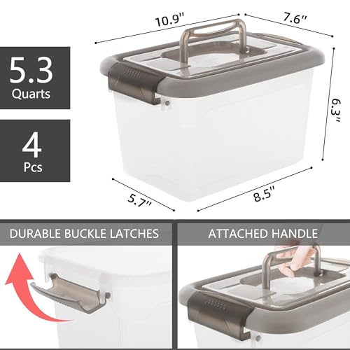 Citylife 4 Packs 6 QT Plastic Storage Bins with Latching Lids Stackable Storage Containers for Organizing Clear Storage Box for Garage
