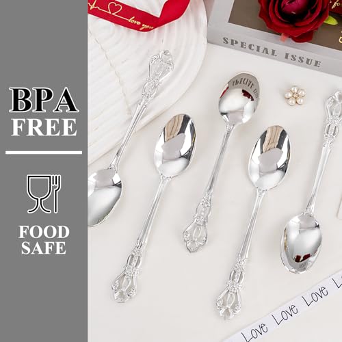 30PCS Silver Plastic Spoons 8.1inch Vintage Soup Spoons for Dinners (30 Count)