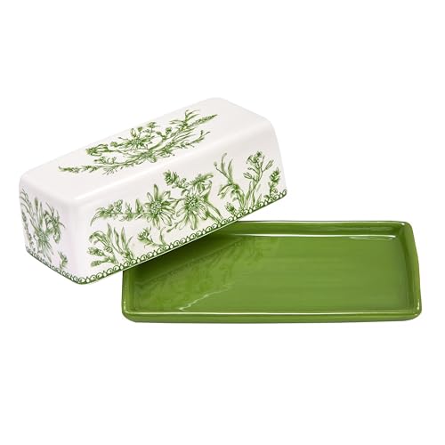 Green Garden Toile De Jouy Ceramic Butter Dish with Lid