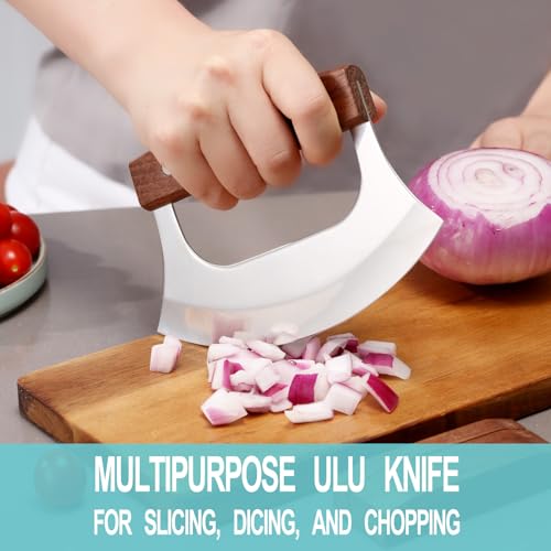 Ulu Knife with Stand for Cutter Pizza Meat Vegetables Herb Salad