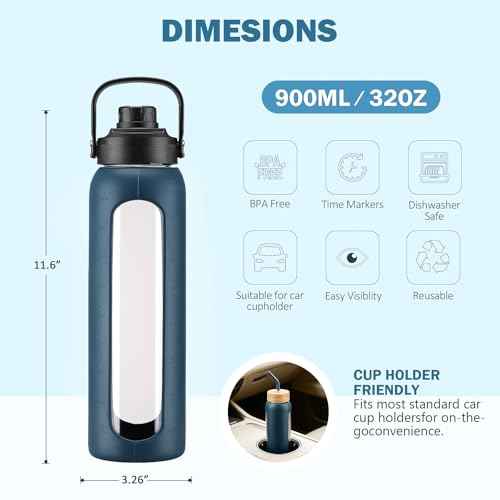 32 oz Glass Water Bottle with Straw and 2 Lids