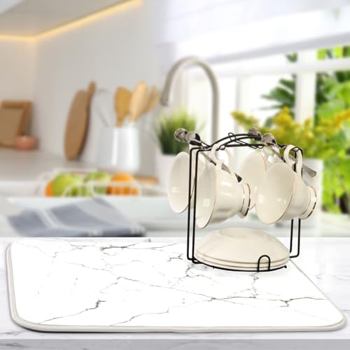White Grey Marble Dish Drying Mat for Kitchen Counter Absorbent Microfiber Drying Pad