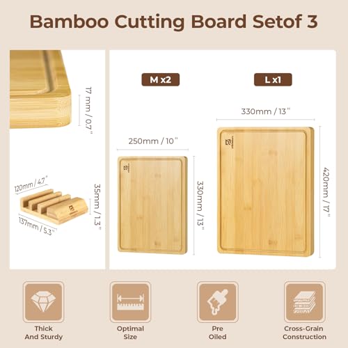 Bamboo Cutting Boards Set of 4 for Kitchen with Wood Storage Stand (3 Count)