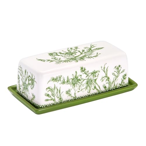 Green Garden Toile De Jouy Ceramic Butter Dish with Lid