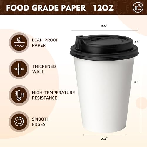 12 oz 100 Pack White Disposable Coffee Cups with Lids (100 Count)