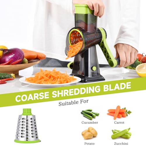 Rotary Cheese Grater with Handle Kitchen Shredder Slicer Grater Slicer Ice Shaver Cheese Vegetable Nuts Potato Zucchini Chocolate 3 Interchangeable Blades