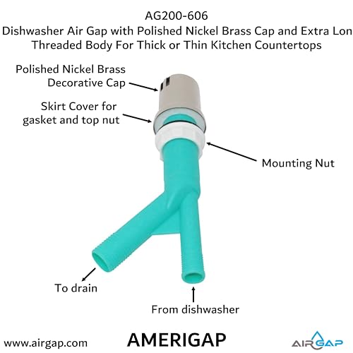 Dishwasher Air Gap with Skirted Polished Nickel Brass Cap and Extra Long Threaded Body for Thick or Thin Kitchen Countertops