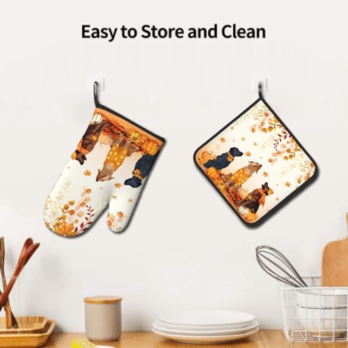 Fall Dogs Oven Mitt Potholders Sets Autumn Leaves Heat Resistant Oven Glove Set of 2 Holiday Kitchen Hot Pads for Cooking Baking Grilling