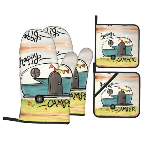 Happy Camper Oven Mitts and Pot Holders Sets of 4 (4 Count)