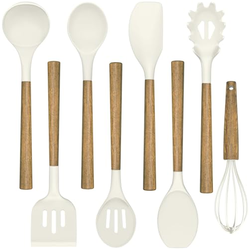 Non Stick Silicone Kitchen Utensils Set with Natural Acacia Hard Wood Handle (8 Count)