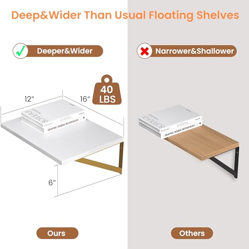 16W x 12D Deep Floating Shelves Set of 2 White & Gold (2 Count)