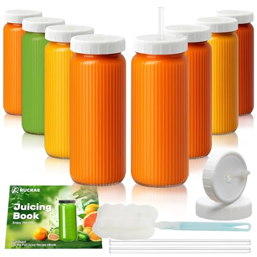 8pack Stripe 16oz Glass Juice Bottles with Lids & Straws & Juicing Recipe (10 Count)