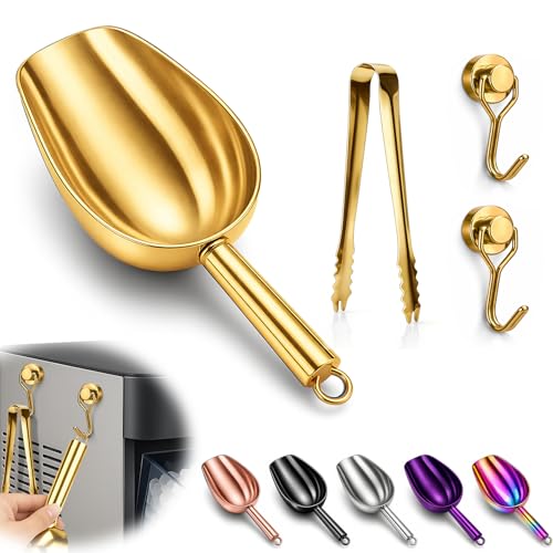 Stainless Steel Ice Scoop for Freezer with Magnetic Hook & Ice Tongs