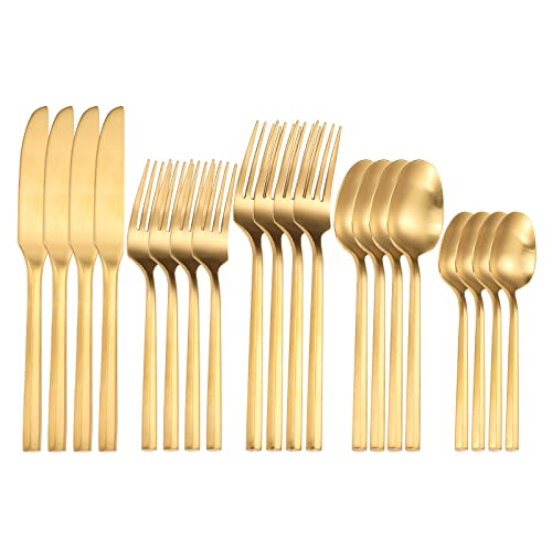 Matte Silverware Set Gold Flatware Set with Hexagon Handle 20 Pieces 18 (20 Count)