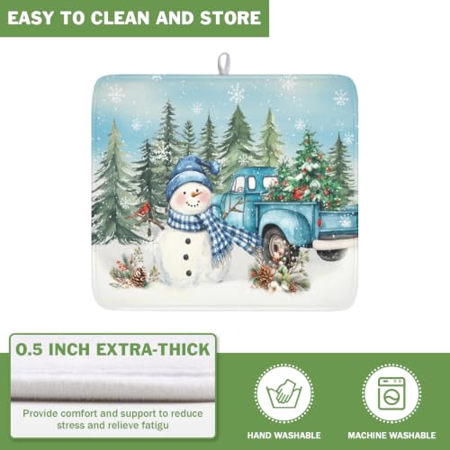 Winter Snowman Blue Dish Drying Mat Xmas Truck Dishes Pad 16"x18" Microfiber Absorbent Drainer Rack Mats Protector for Kitchen Counter Sink