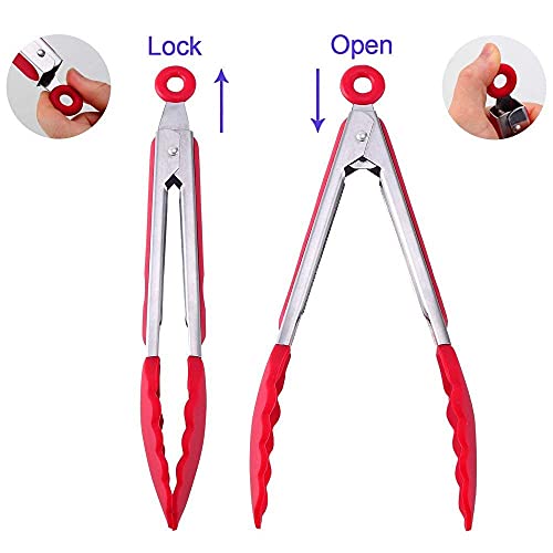 4 Pack Red Silicone Kitchen Tongs Set
