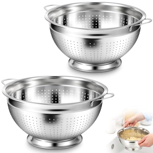 2 Pack 5 Quart Heavy Duty Stainless Steel Colander with Footed Base and Handles Pasta Spaghetti Berry Fruit Vegetable Kitchen Food Strainer Basket (2 Count)