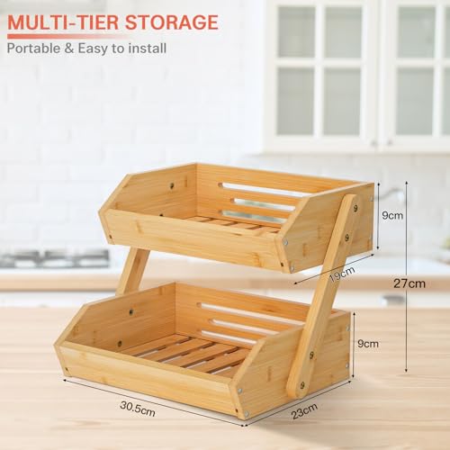 2 Tier Bamboo Fruit Basket for Kitchen Counter