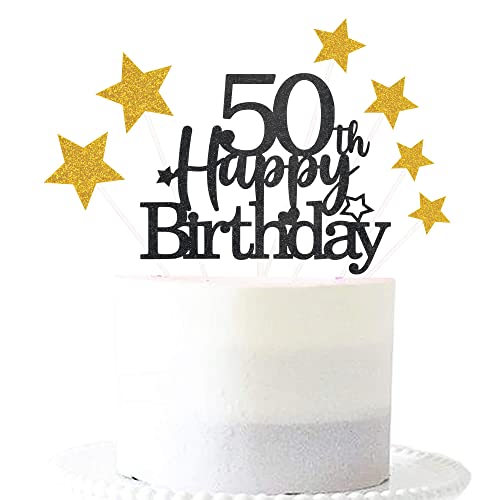 Black Gold 50th Birthday Cake Topper with Glittery Stars (7 Count)